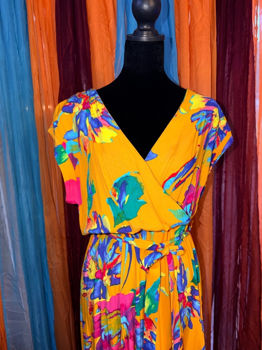 Bright Yellow Floral Wrap Midi Dress with Self-Tie Waist